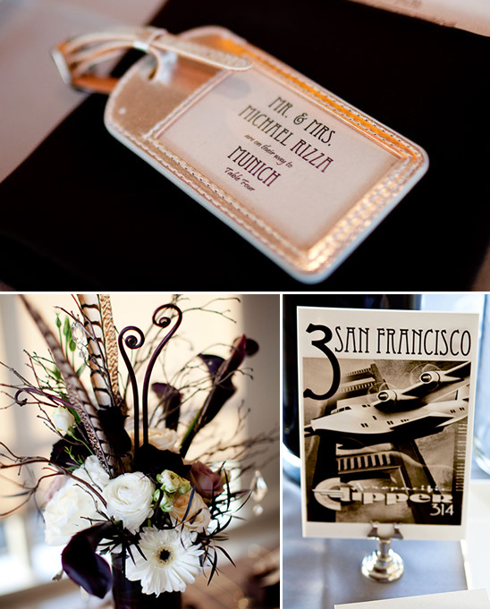 Wedding decor with luggage tag, floral arrangement, and table number