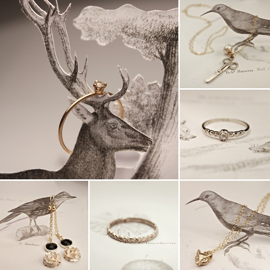 Elegant gold jewelry displayed with nature illustrations
