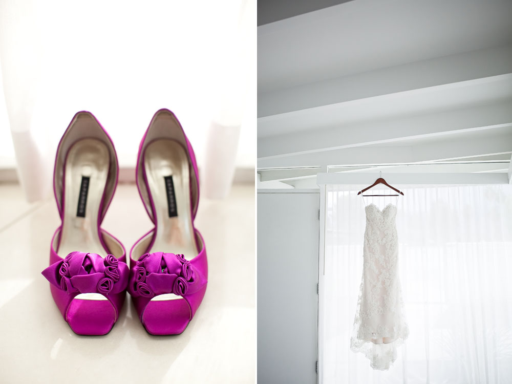 Purple wedding shoes and white wedding dress