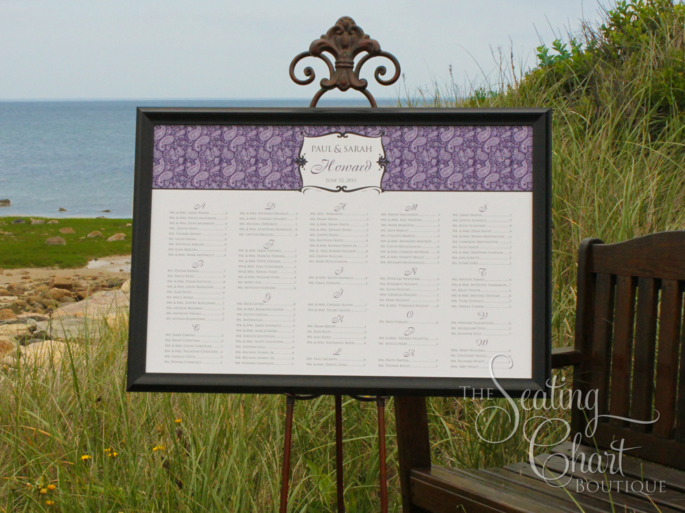 Purple paisley wedding seating chart
