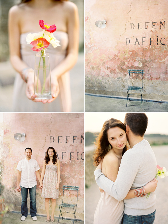 Romantic photo shoot with couple holding hands and a flower bouquet