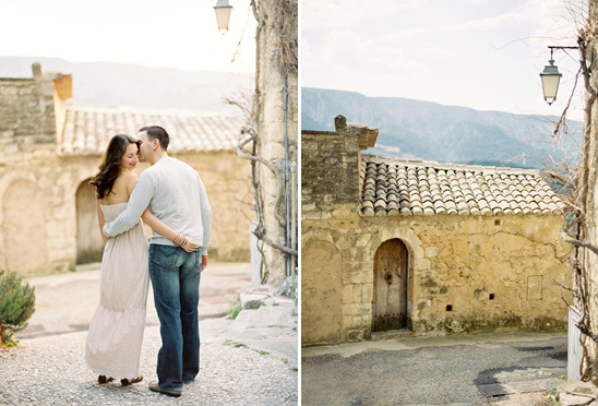 Couple embracing in a charming old European town setting for vacation