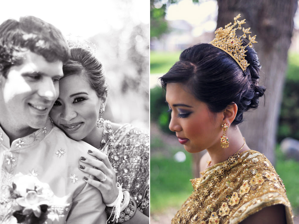 Happy couple and bride in gold headdress