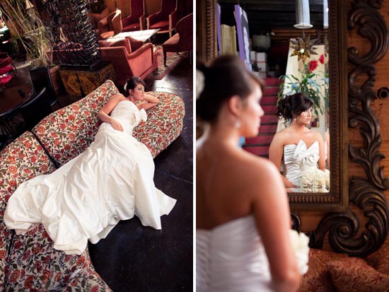 Bride in wedding dress relaxing on floral couch