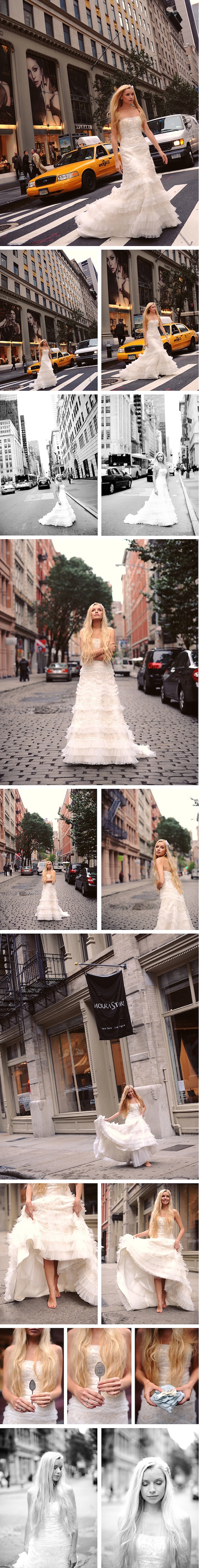 Bride in wedding dress poses in New York City streets