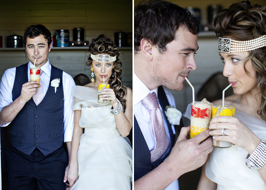Retro wedding couple sharing a drink with straws happy