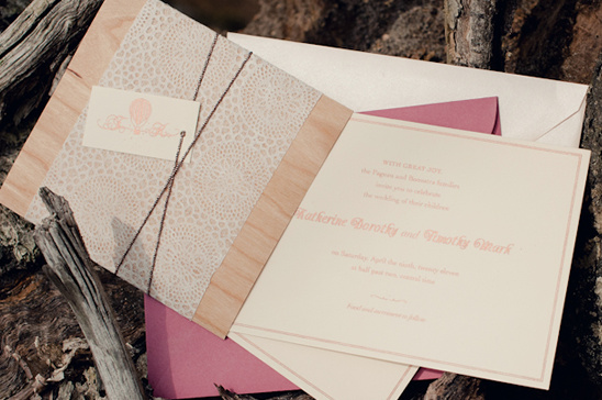 Elegant lace and wood wedding invitation suite design
