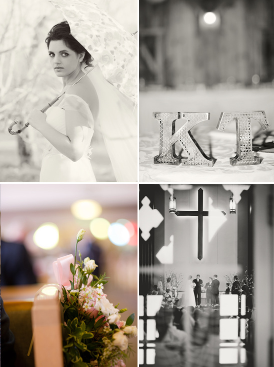 Bride with umbrella, initials KT, church wedding