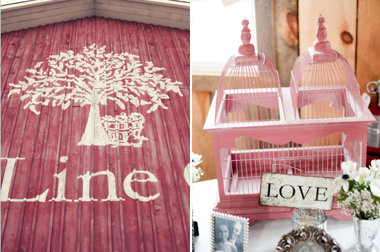 Barn wedding decor: tree painting & pink birdcage