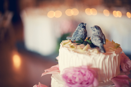 Wedding cake with two bird toppers and pink flowers