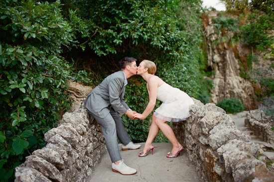 Couple kissing outdoors, romantic wedding