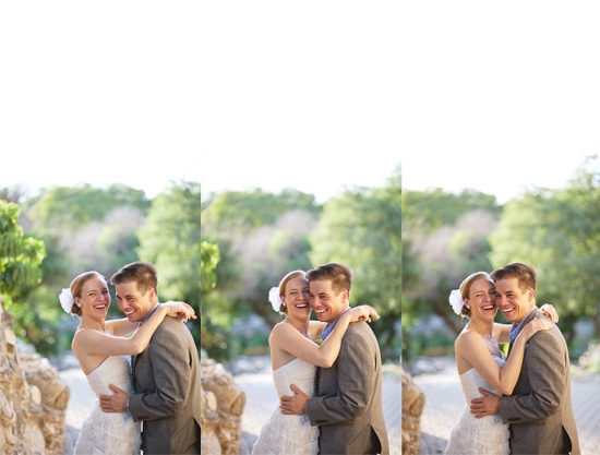 Happy newlyweds embracing on their wedding day outdoors