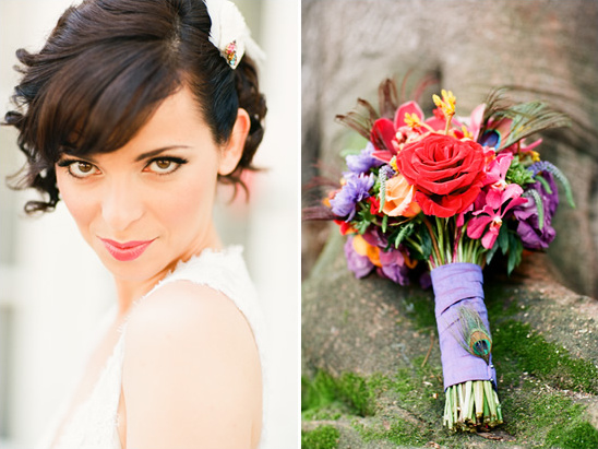 Bride with short hair and colorful wedding bouquet