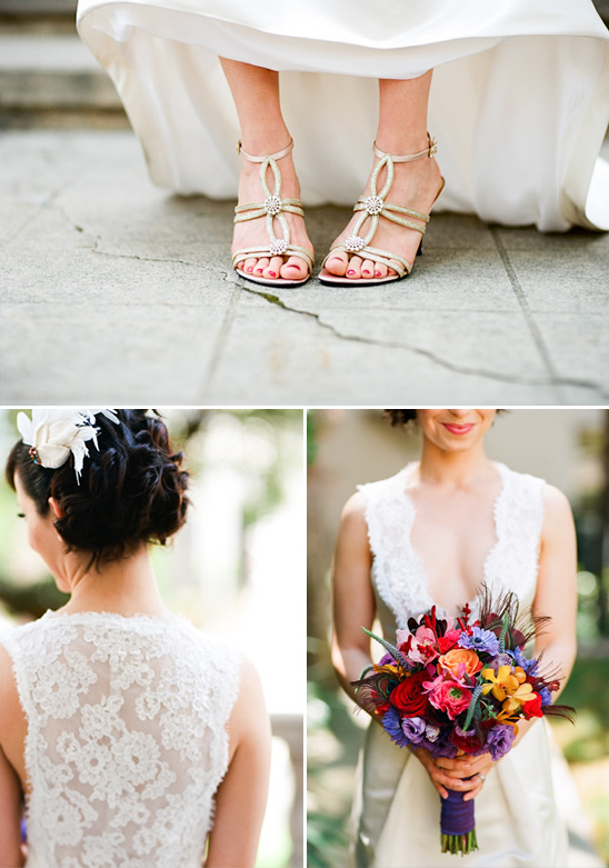 Bride in lace dress with bridal shoes and flowers