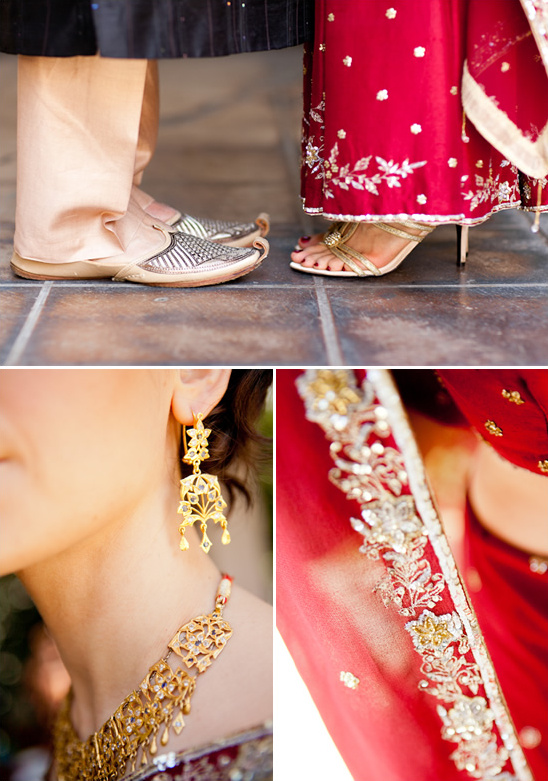 Indian wedding details shoes jewelry and bridal sari