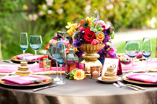 Colorful floral centerpiece on a festive dinner table