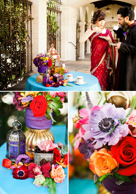 Vibrant floral wedding table setting with couple