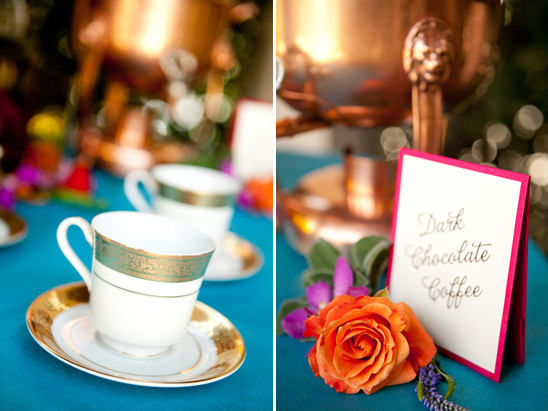 Dark chocolate coffee station with elegant teacups