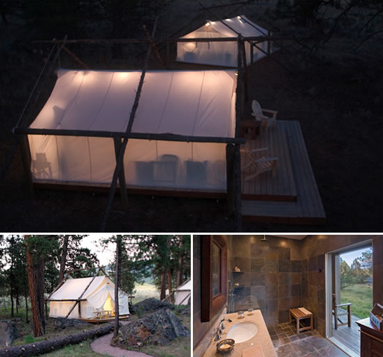 Glamping tents and bathroom in nature