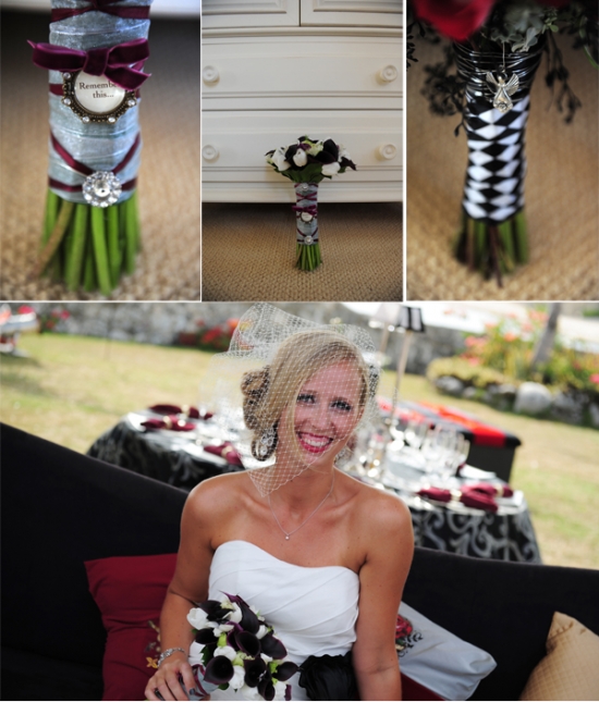 Elegant bride's bouquet with dark flowers