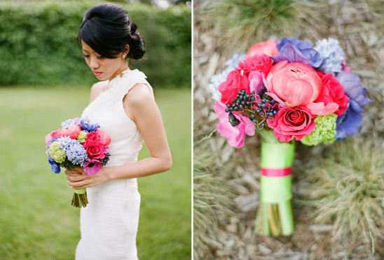 Bride holding vibrant pink, purple wedding bouquet