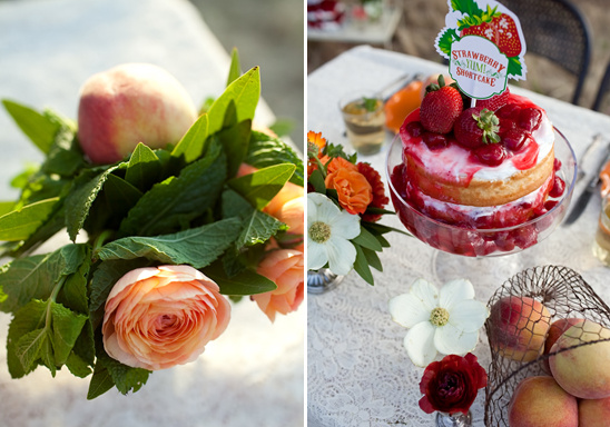 Peach and flowers with strawberry shortcake dessert table