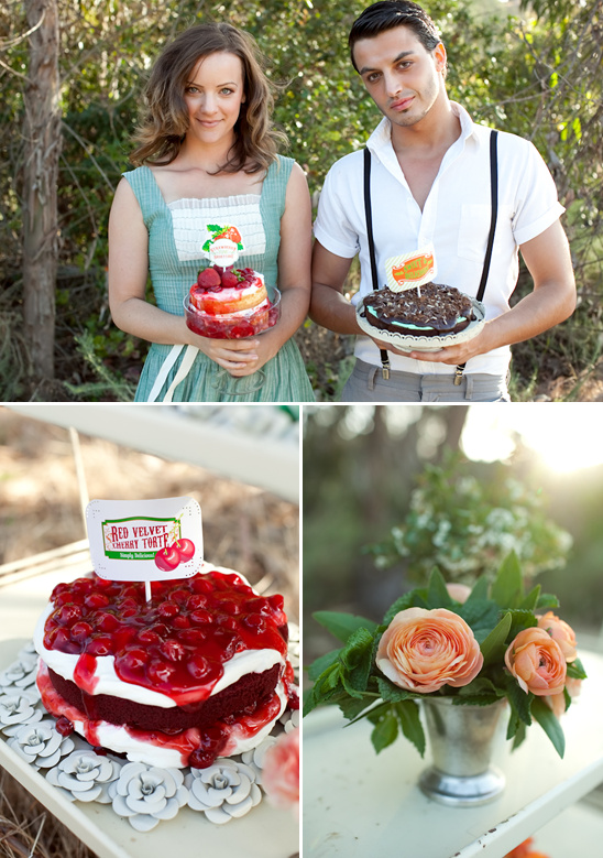 Couple holding delicious red velvet and chocolate cakes