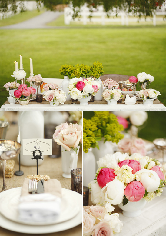 Romantic floral table settings with pinks and whites