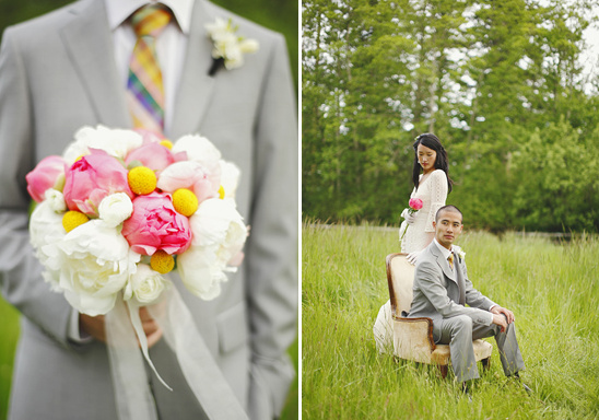 Bride and groom in field with bouquet and chair