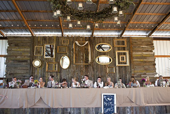 Rustic wedding reception guests seated at long table