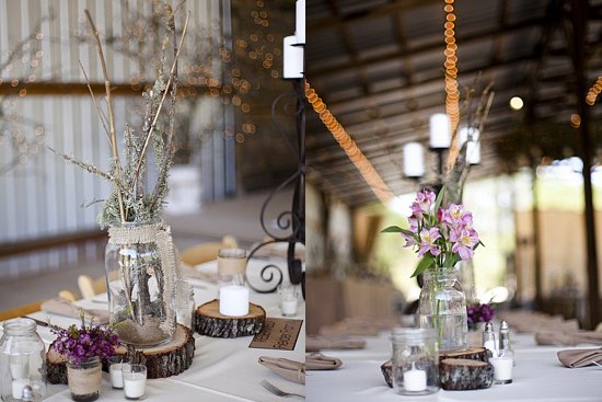 Rustic wedding table decor with flowers and mason jars