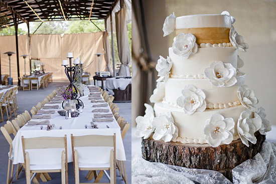 Elegant wedding cake with white flowers on rustic wooden base