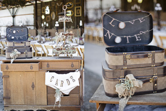 Vintage suitcase wedding decor with cards and love notes