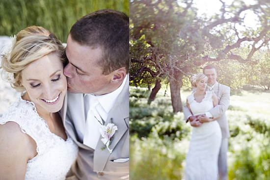 Happy bride and groom kissing in outdoor wedding photos