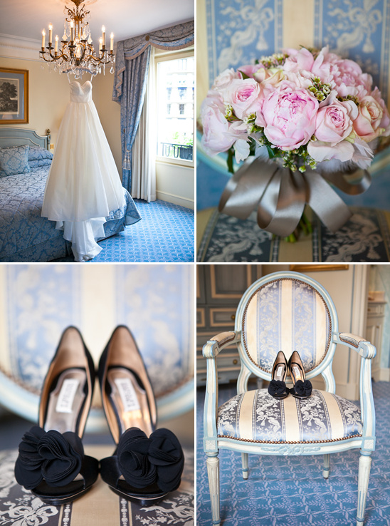 Wedding details dress bouquet and shoes montage
