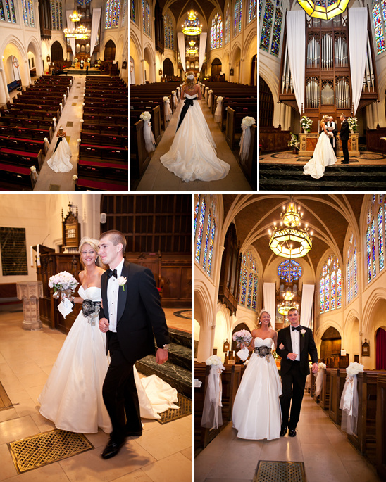 Bride and groom walk down the aisle after church wedding