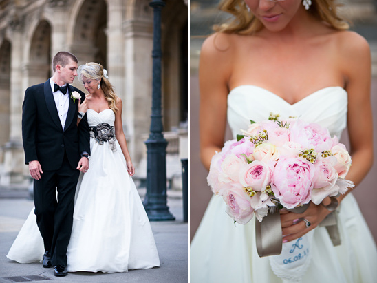 Elegant wedding couple in Paris with pink peony bouquet