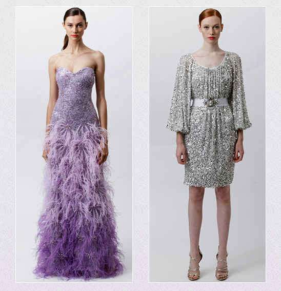 Elegant purple feather gown and silver sequined dress