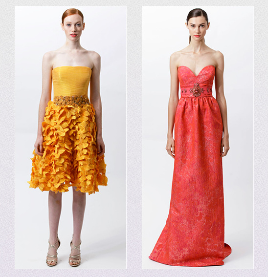 Yellow and coral strapless cocktail dresses