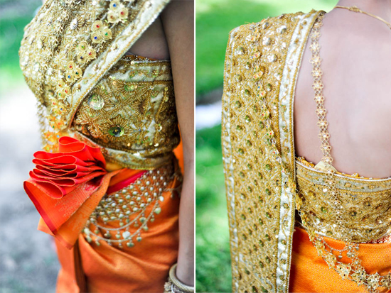 Gorgeous gold and orange Thai wedding dress detail
