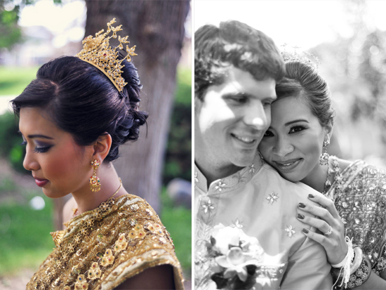 Bride in gold Thai wedding attire with ornate crown