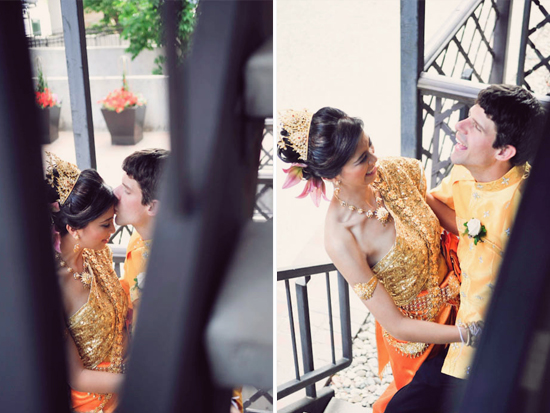 Happy bride and groom in traditional Thai wedding attire