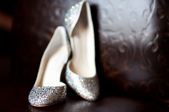 Sparkling silver high heel wedding shoes closeup