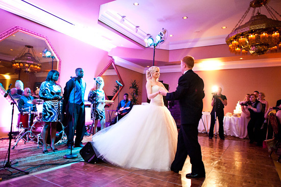 Bride and groom dancing to live band at wedding reception