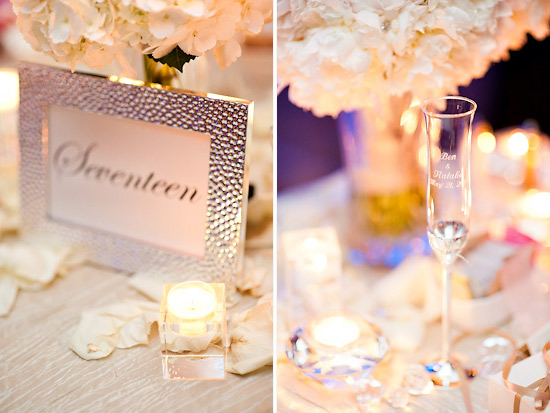 Elegant wedding table setting with champagne flute and flowers
