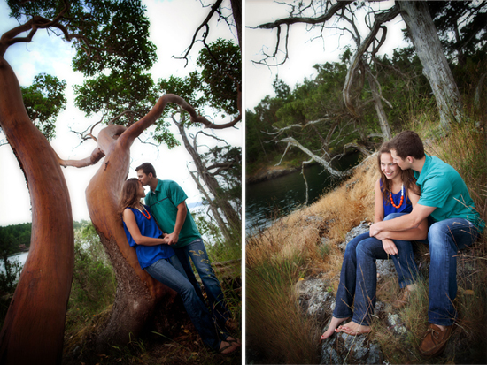 Romantic couple embracing near a tree by the water