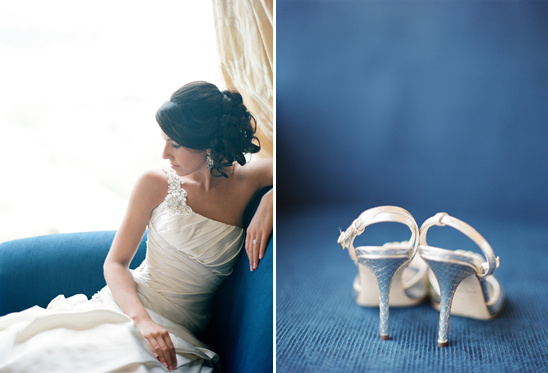 Bride in gown and bridal shoes on blue background
