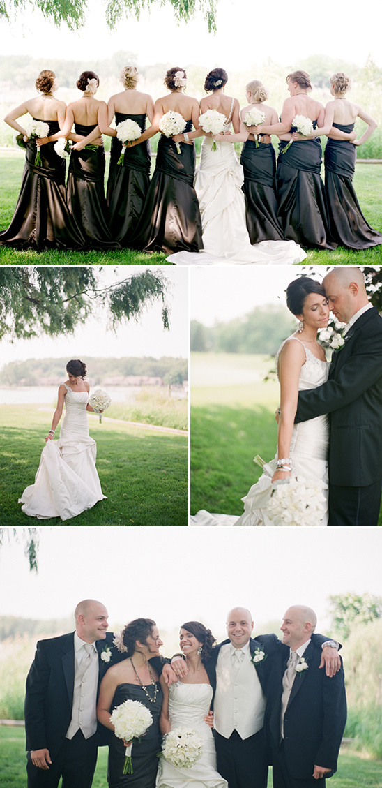 Elegant wedding party bride in white and bridesmaids in black