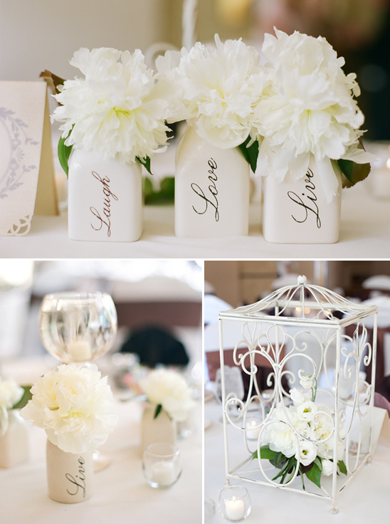 White peonies in vases: Laugh, Love, Live
