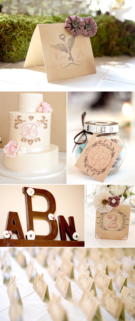 Rustic wedding details: cake, favors, seating chart